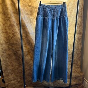 Wide Leg Smocked Waist Denim Pants - Blue